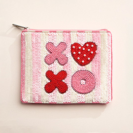 XOXO Message Striped Seed Beaded Mini Pouch Bag