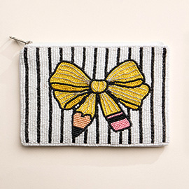Pencil Bow Striped Seed Beaded Mini Pouch Bag