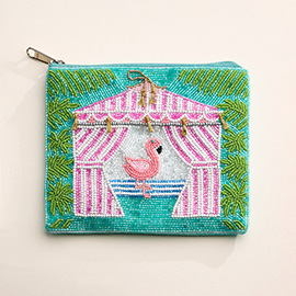 Flamingo Cabana Palm Seed Beaded Mini Pouch Bag