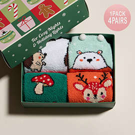 4Pairs - Reindeer Mushroom White Bear Hedgehog Christmas Bundle Gift Socks Set