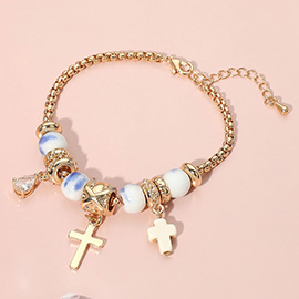 Cross Teardrop Stone Beads Accented Charm Bracelet