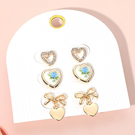 3Pairs - Stone Paved Open Heart Floral Ceramic Heart Metal Bow Heart Dangle Earring Set