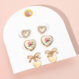 3Pairs - Stone Paved Open Heart Floral Ceramic Heart Metal Bow Heart Dangle Earring Set