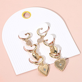 3Pairs - Stone Accent Heart Dangle Mini Huggie Hoop Earring Set