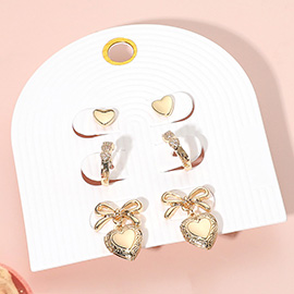 3Pairs - Metal Heart Stud Triple Stone Paved Heart Huggie Mini Hoop Bow Metal Heart Locket Dangle Earring Set