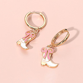 Enamel Western Bow Boot Dangle Huggie Earrings