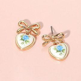 Floral Heart Ceramic Bezel Dangle Bow Earrings
