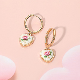 Floral Heart Ceramic Charm Dangle Bow Earrings