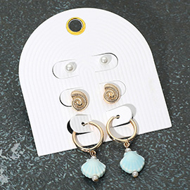 3Pairs - Pearl Metal Swirl Shell Stud Ceramic Shell Dangle Earring Set