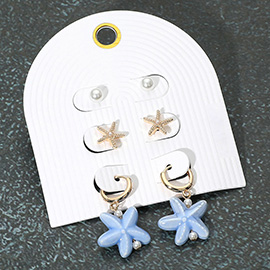 3Pairs - Pearl Metal Starfish Stud Ceramic Dangle Earring Set