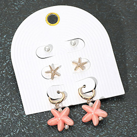 3Pairs - Pearl Metal Starfish Stud Ceramic Dangle Earring Set