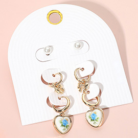 3Pairs - Pearl Stud Metal Bow Dangle Floral Ceramic Heart Dangle Earring Set