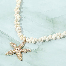 Gold Starfish Pendant White Shell Bead Necklace
