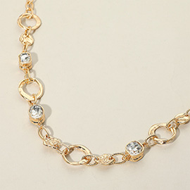 Faceted Oval Square Stone Accent Link Textured Metal Chain Necklace