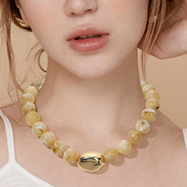 Polished Metal Bean Accent Bold Marbled Ball Beaded Statement Necklace