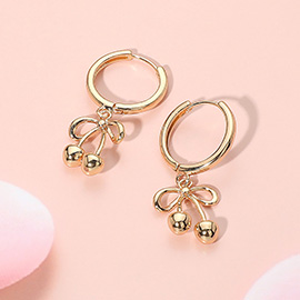 Metal Cherry Bow Charm Dangle Huggie Earrings