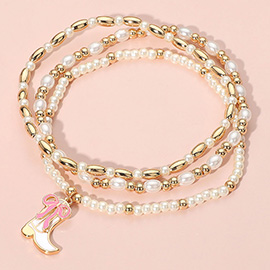 3PCS - Enamel Bow Cowboy Boot Pearl Beaded Multi Layered Bracelet
