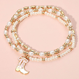 3PCS - Enamel Bow Cowboy Boot Pearl Beaded Multi Layered Bracelet