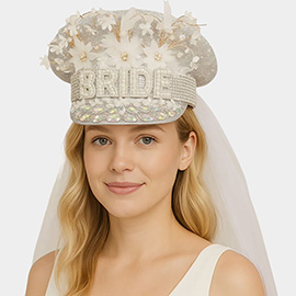 Pearl BRIDE Lettering Rhinestone Floral Embellished Bridal Cowboy Veil Hat