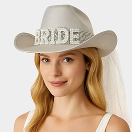Pearl BRIDE Lettering Accent Bridal Cowboy Veil Hat
