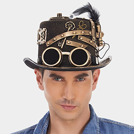 Goggles Hardware Gears Embellished Feather Steampunk Top Halloween Costume Hat