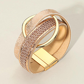Leather Chain Wrap Open Metal Pointed Magnetic Bracelet