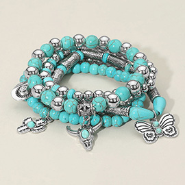 Boho Western Steer Head Cowboy Hat Butterfly Totem Charm Beaded Stretch Multi Layered Bracelet