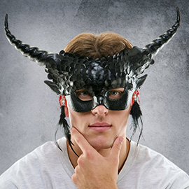 Textured Feather Dangle Horned Dragon Masquerade Halloween Mask