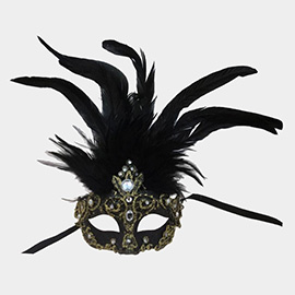 Rhinestone Accent Masquerade Venetian Feather Mask
