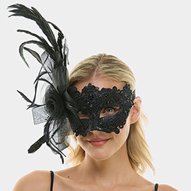 Elegant Mesh Flower Bow Feather Accent Lace Masquerade Halloween Mask
