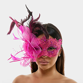 Feather Flower Embellishment Lace Masquerade Halloween Party Mask