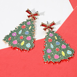 Glittered Resin Bow Topper Christmas Tree Earrings