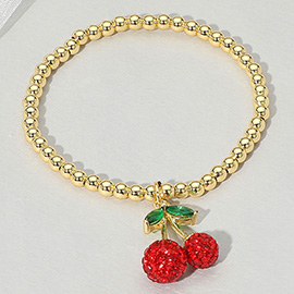 Stainless Steel Crystal Cherry Charm Beaded Stretch Bracelet