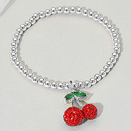 Stainless Steel Crystal Cherry Charm Beaded Stretch Bracelet