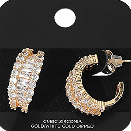 Gold Dipped Classic Baguette Round CZ Stone Embellished Evening Half Hoop Earrings