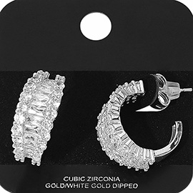 Gold Dipped Classic Baguette Round CZ Stone Embellished Evening Half Hoop Earrings