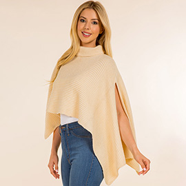 Mock Neck Ribbed Knit Asymmetrical Cape Poncho