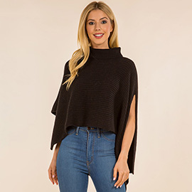 Mock Neck Ribbed Knit Asymmetrical Cape Poncho