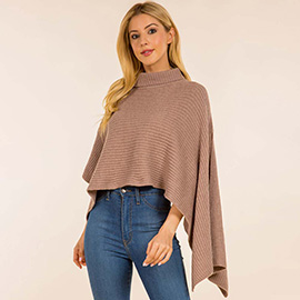 Mock Neck Ribbed Knit Asymmetrical Cape Poncho