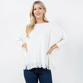 Boho Fringe Hem Crochet Knit Poncho