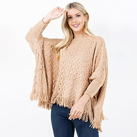Boho Fringe Hem Crochet Knit Poncho