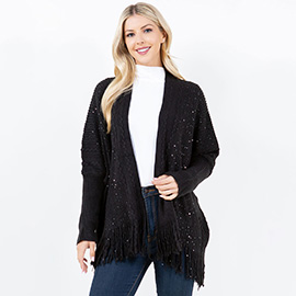 Cozy Open Front Rhinestone Sequin Sparkle Fringe Trim Kimono Poncho