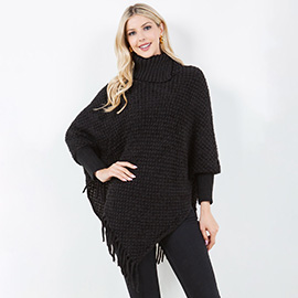 Cowl Neck Fringe Hem Knit Poncho