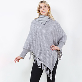 Cowl Neck Fringe Hem Knit Poncho
