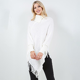 Cowl Neck Fringe Hem Knit Poncho