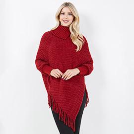 Cowl Neck Fringe Hem Knit Poncho