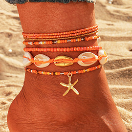 6PCS - Starfish Charm Accented Conch Shell Seed Beaded Multi Layered Anklets