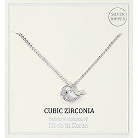 Silver Dipped CZ Stone Paved Whale Pendant Necklace