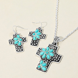 Embossed Floral Pattern Textured Metal Cross Pendant Necklace