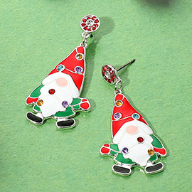 Rhinestone Accented Enamel Whimsical Christmas Gnome Dangle Earrings
